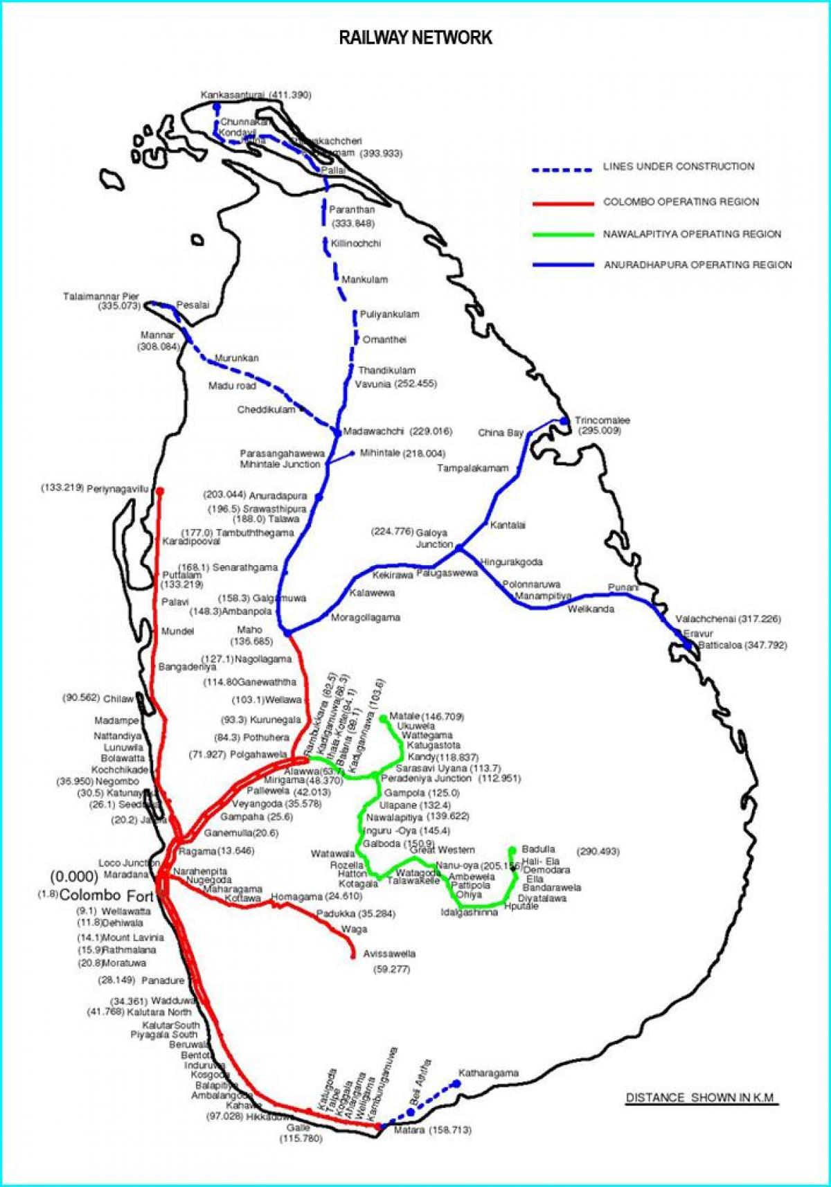 スリランカの鉄道ネットワークの地図
