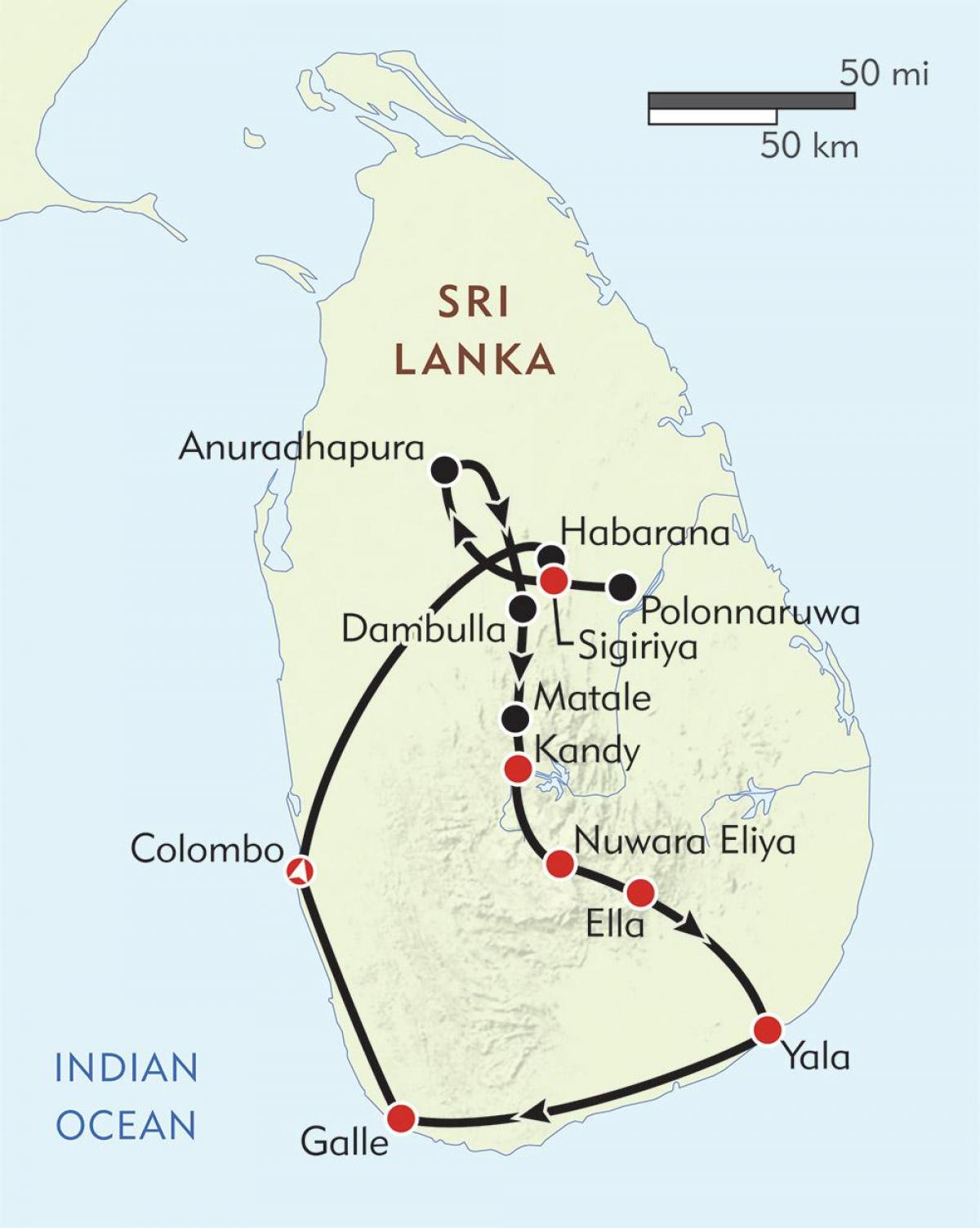 地図のスリランカ旅程