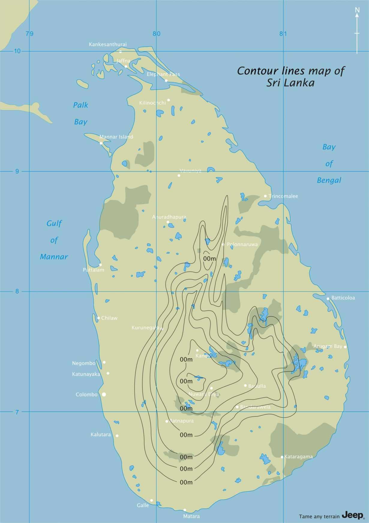 等高線図のスリランカ 地図の等高線図のスリランカ 南アジア アジア