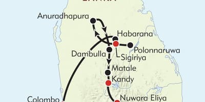 地図のスリランカ旅程